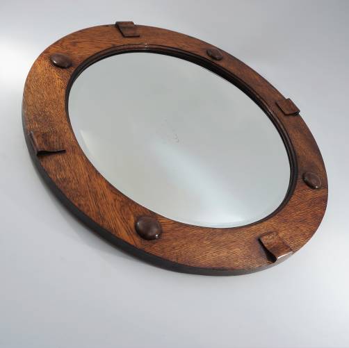 Antique Art Deco wall mirror, Gordon Russell style, oak, round, 1930`s ca, English